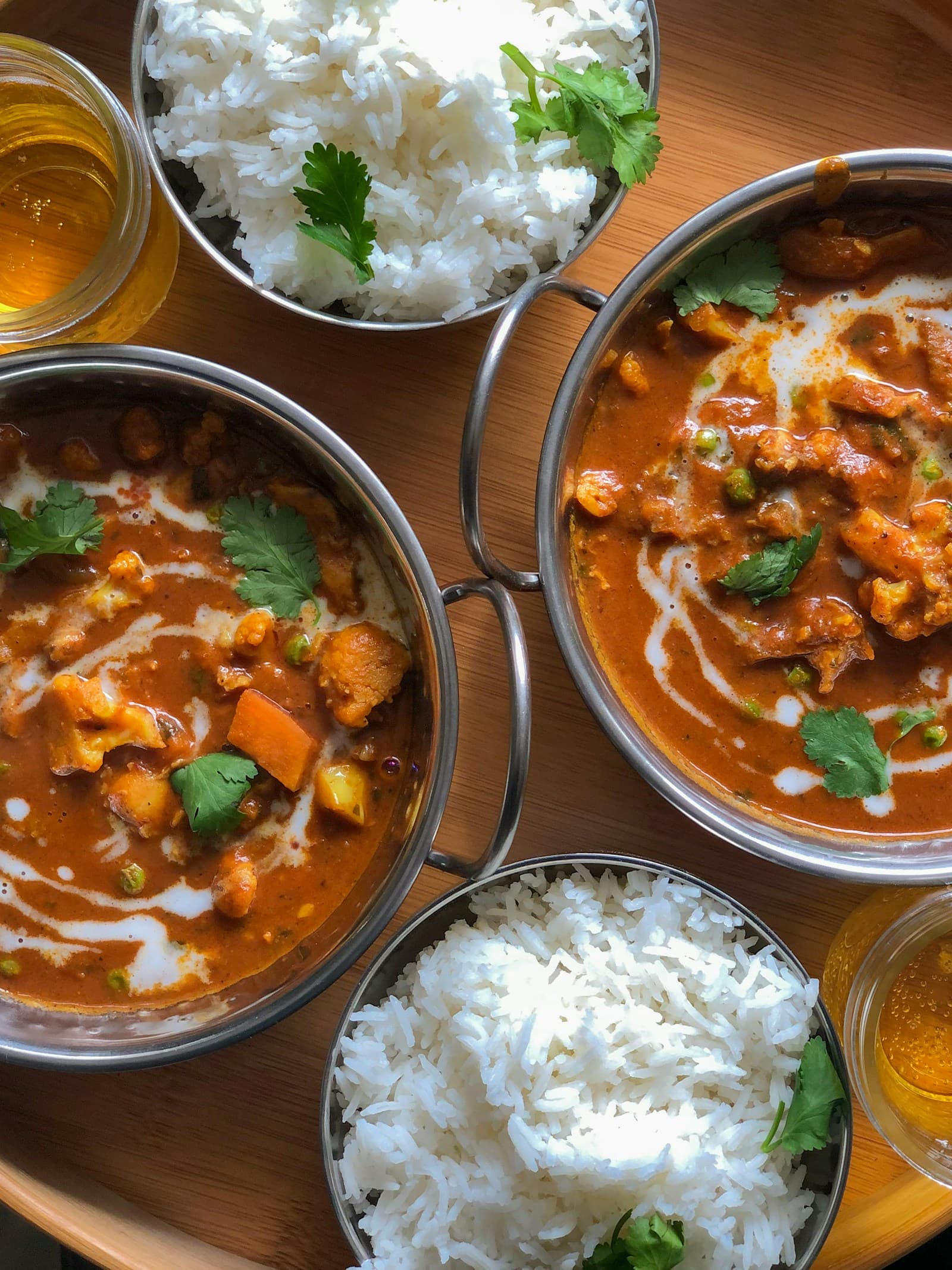 Rich vegetarian Indian wedding feast with curry and rice